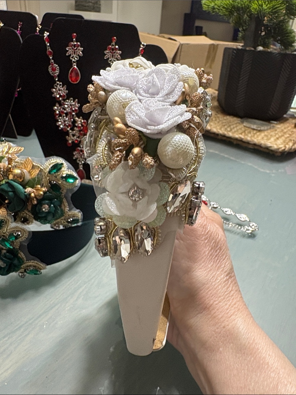 Embellished White Floral Headband with Pearls & Crystals